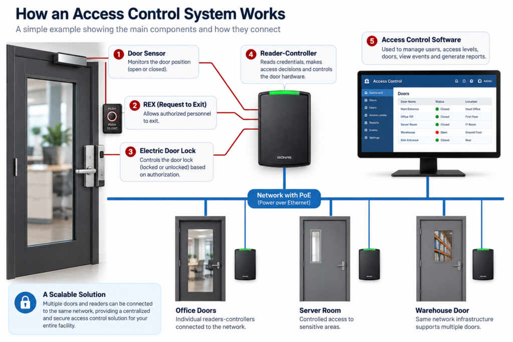 Access control system diagram showing door sensors, request-to-exit controls, electric locks, reader-controllers, PoE networking and centralized access control software managing multiple secured doors.
