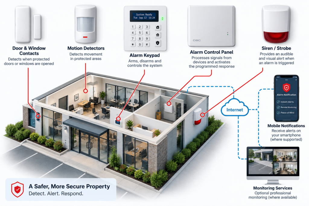 Security alarm system diagram showing door and window contacts, motion detectors, keypad, control panel, siren, mobile alerts and optional monitoring