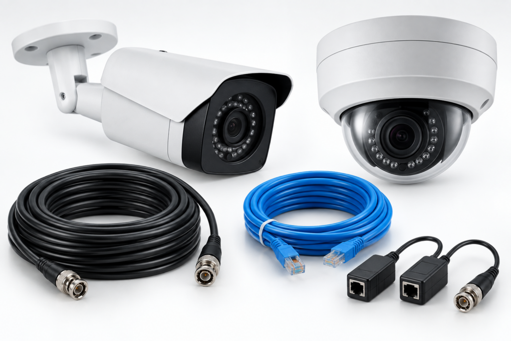 Modern analog CCTV bullet and dome cameras with coaxial and Cat6 cabling and video baluns.