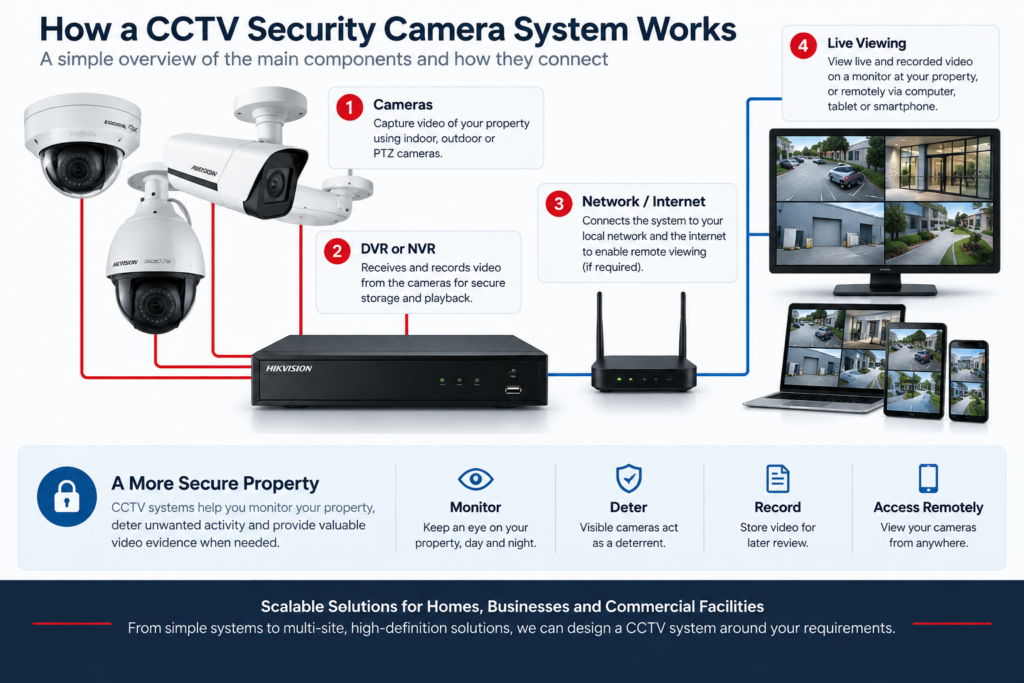 Diagram showing CCTV cameras connected to a DVR or NVR for recording, network connectivity and remote video monitoring