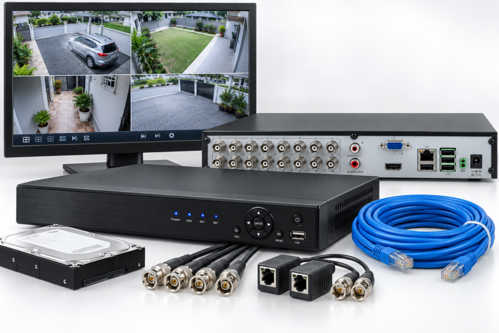 Modern CCTV DVR system showing front and rear recorder connections, BNC video inputs, surveillance hard drive, Cat6 Ethernet cable, video baluns and security monitor.