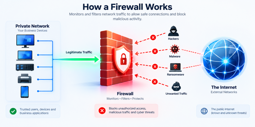 Diagram showing how a firewall protects a private business network by allowing legitimate traffic and blocking hackers, malware, ransomware and other cyber threats
