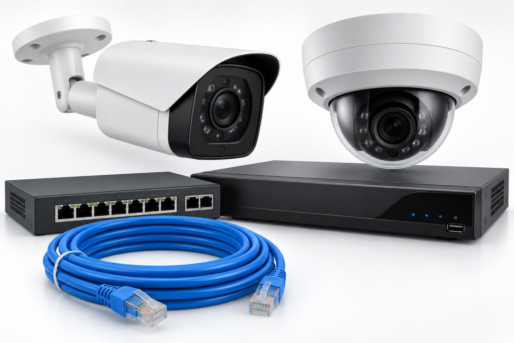 Digital IP bullet and dome security cameras with PoE network switch, NVR and Cat6 Ethernet cabling.