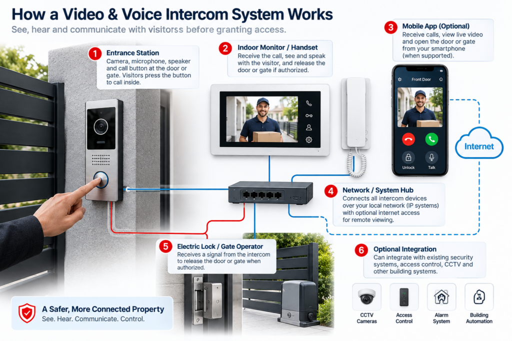 Diagram showing how a video and voice intercom system connects an entrance station, indoor monitor, mobile app, network hub and electric door or gate control