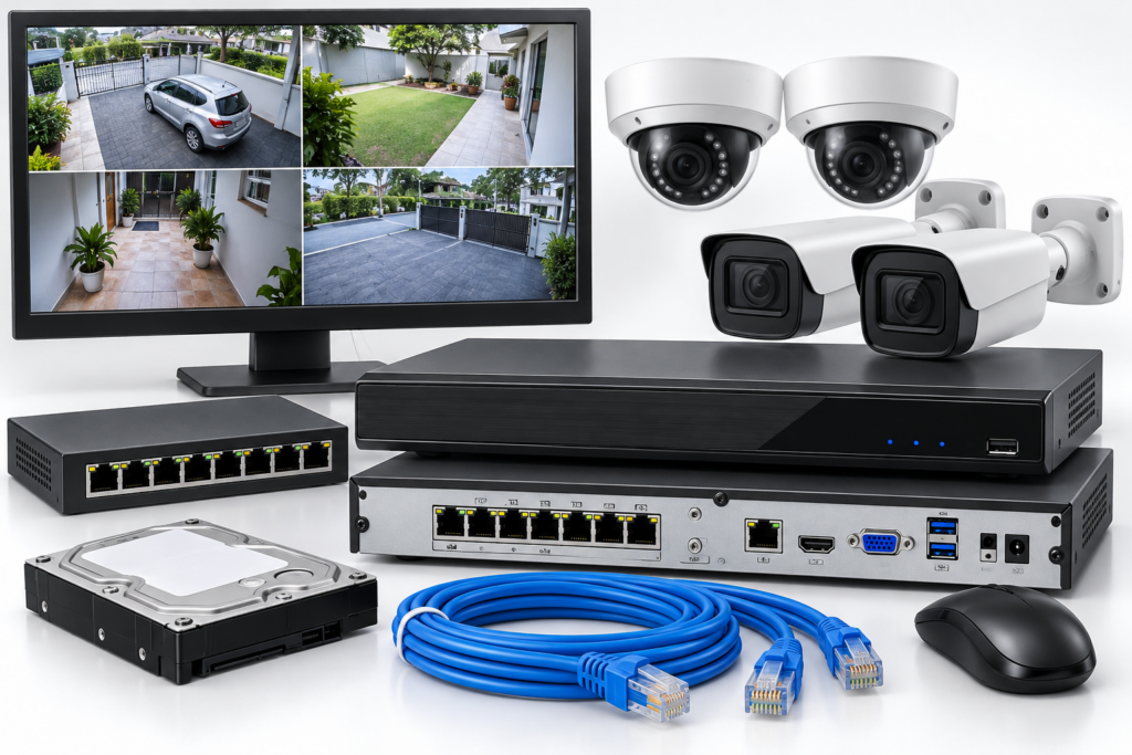 Modern IP CCTV system showing front and rear views of an NVR with PoE ports, IP cameras, network switch, surveillance hard drive, Cat6 Ethernet cables and security monitor.