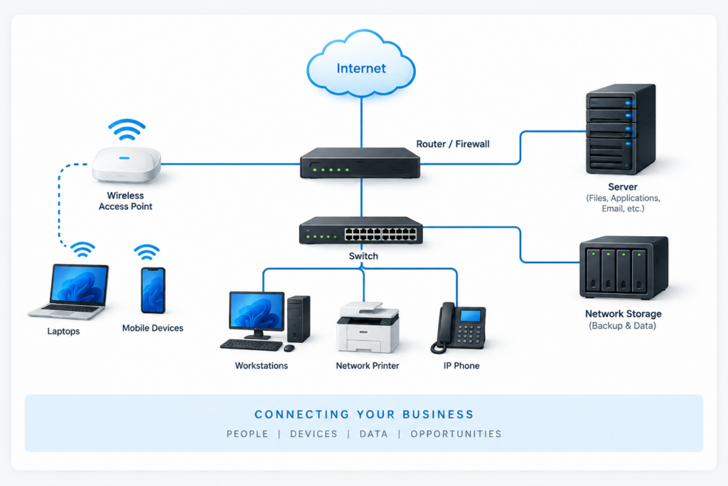 Business network diagram showing internet, router, firewall, wireless access, switch, server, network storage, computers, printer and IP phone.