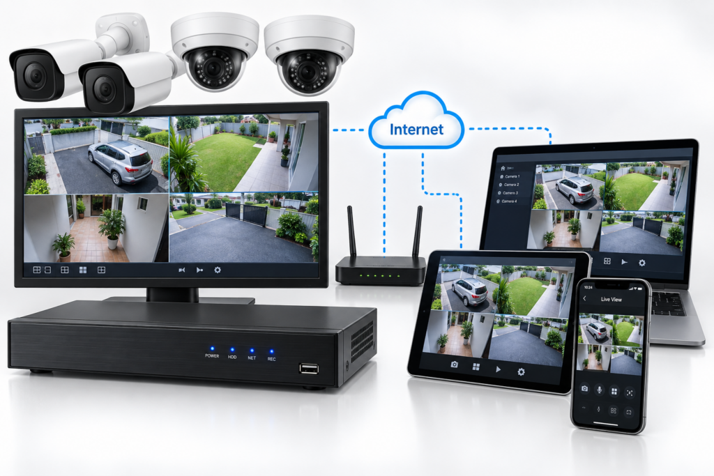 CCTV remote viewing system showing security cameras connected to a recorder and internet for live monitoring on a computer, tablet and smartphone