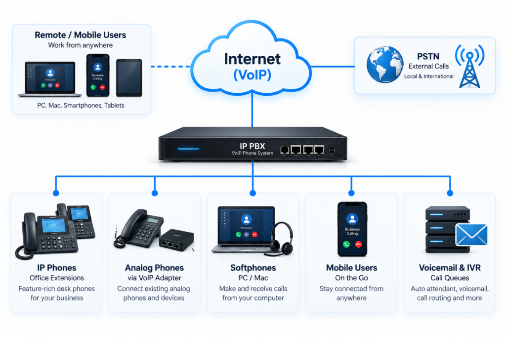 Diagram showing a business VoIP and IP PBX network connecting office phones, remote users, softphones, mobile devices and external calls